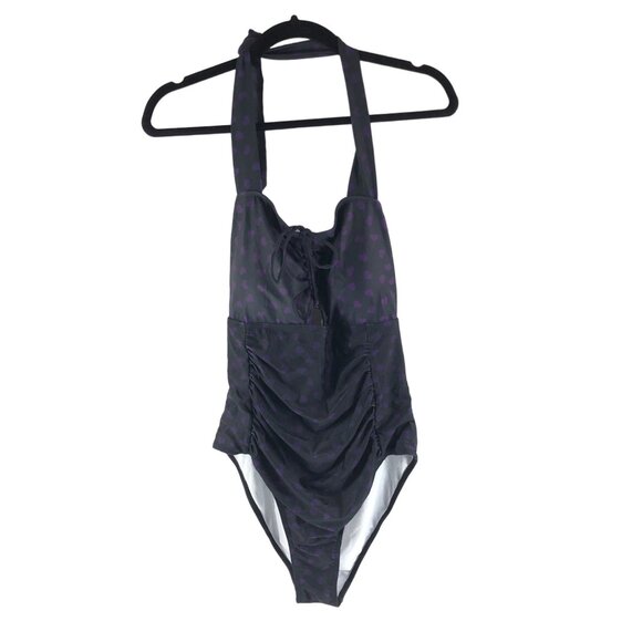 Womens Purple & Black Heart Print One-Piece Swimsuit Halter Removable Cups 1XL - Picture 1 of 3